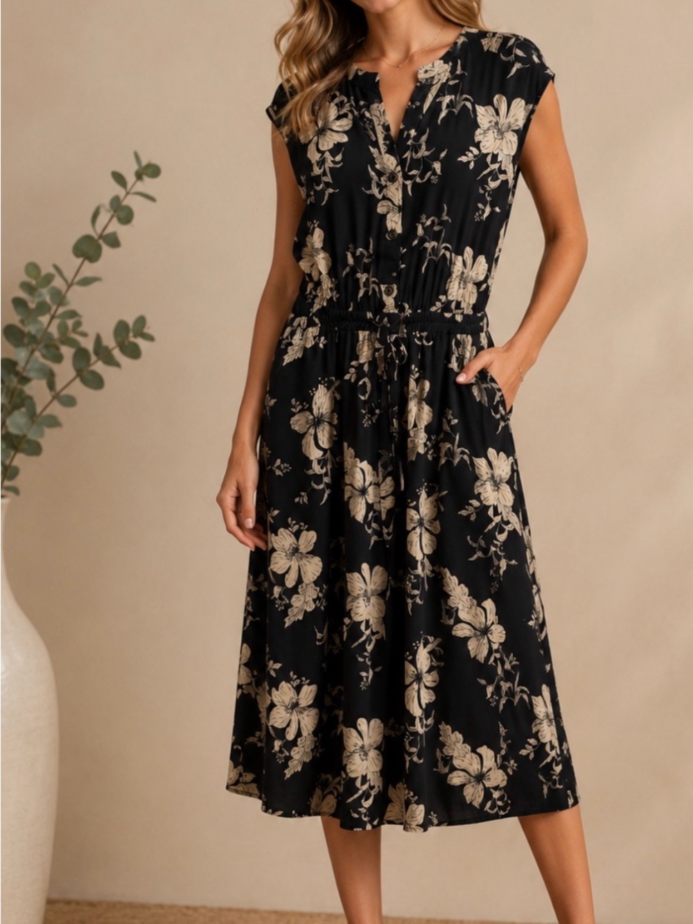Sienna Sky Navy Midi Dress with Beige Floral Print